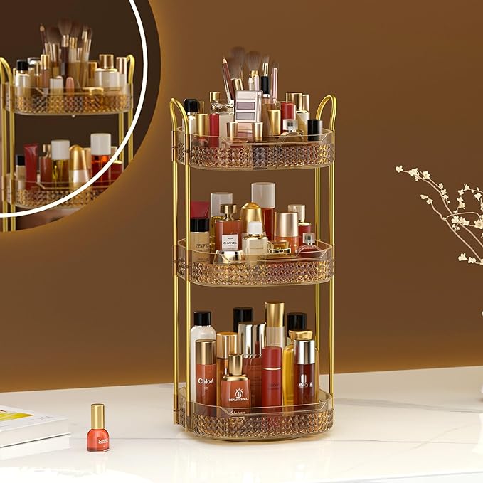 Awenia Rotating Makeup Organizer 360, Stackable Adjustable Large Capacity Cosmetic Storage Unit,Dresser Bathroom Kitchen Countertop Organizer with Metal Handle, Plus Size (Honorable Gold, 3 Tier)-BrightBean Baby