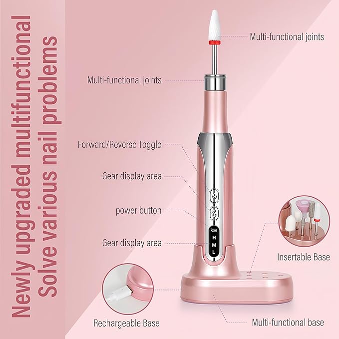 Electric Nail Drill File Cordless,Portable Rechargeable Nail File Kit for Acrylic & Gel Nails,Professional Efile for Manicure Pedicure Polishing,with 12 Nail Drill Bits 31 Sanding Bands,Rose Gold-BrightBean Baby