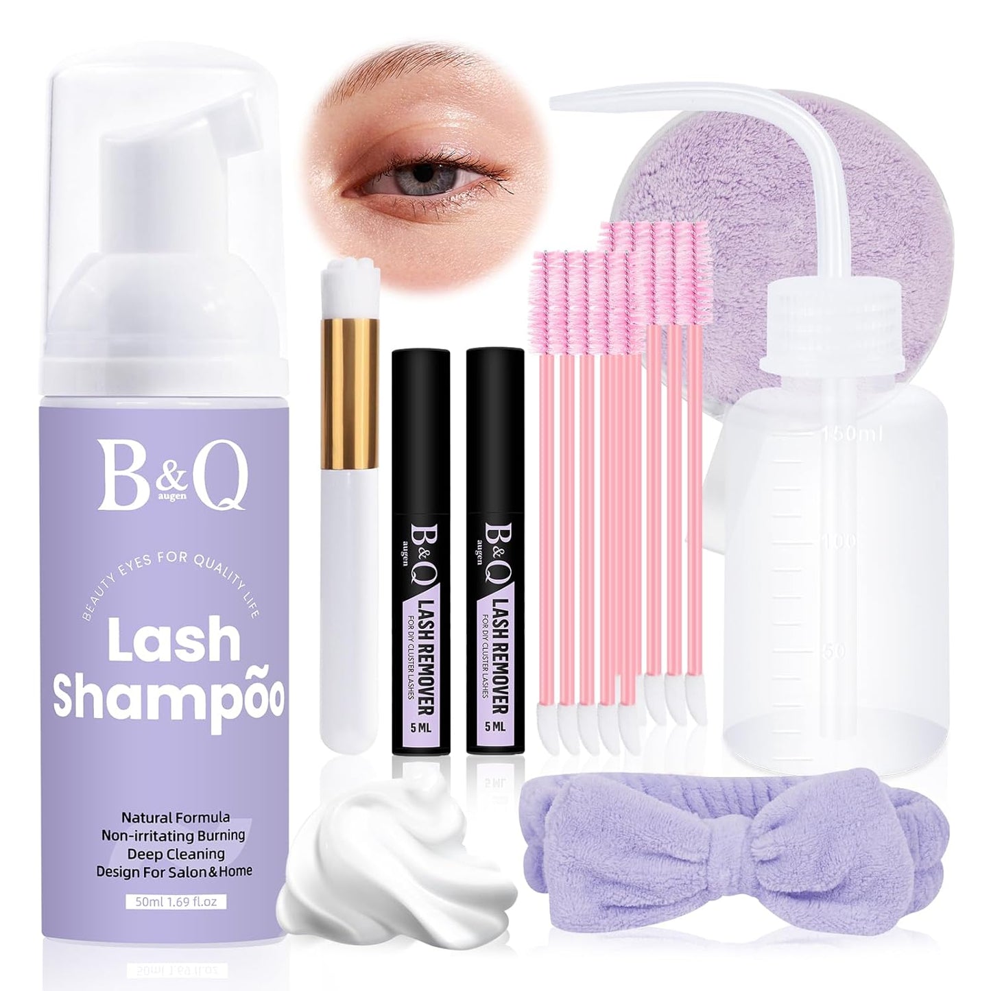 Lash Shampoo Kit Lash Cleaning Kit 50ML Lash Bath Kit Lash Wash for Eyelash Extensions Lash Remover Mascara Brush with Hairband Portable Eyelash Cleanser for Home Use (50ML Shampoo Kit)-BrightBean Baby