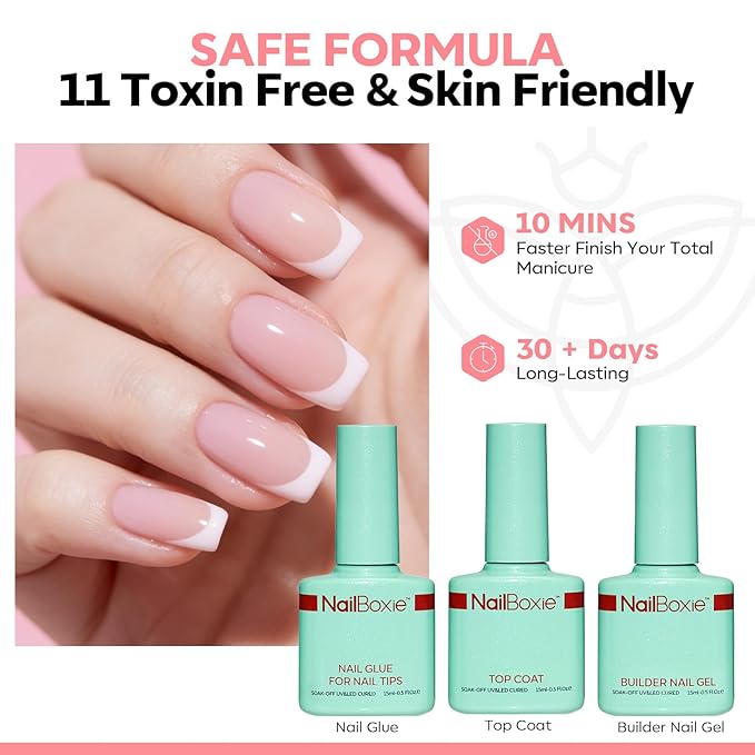 Modelones Gel Nail Kit, Top Coat, Nail Builder Gel, Press On Nails Kit with LED Light, 150 PCS Short Pink Square, 15 Sizes French Tip Press on Nails, Pre-Colored Nail Tips for Easy DIY Nail Art-BrightBean Baby