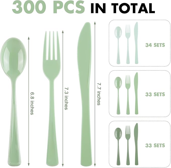 300 Pieces Sage Green Plastic Silverware Heavy Duty Plastic Cutlery Set Heavyweight Disposable Flatware Includes Spoons Forks Knifes for Birthday Party Prom Night Wedding Dinner