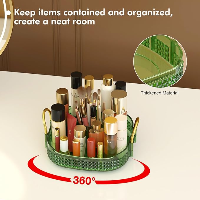 Awenia Rotating Makeup Organizer 360, Stackable Adjustable Large Capacity Cosmetic Storage Unit,Dresser Bathroom Kitchen Countertop Organizer with Metal Handle, Plus Size (Gem Green, 1 Tier)-BrightBean Baby