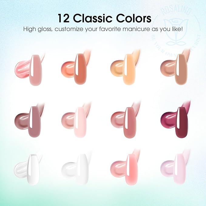 ROSALIND Poly Nail Gel Kit -12 Colors + Nail Art Accessories Kit Summer Neon Poly Nails Gel Kit Starter Kit With Slip Solution Pro Bright Colors Nail Extensions Gel Set with Mini UV Lamp-BrightBean Baby