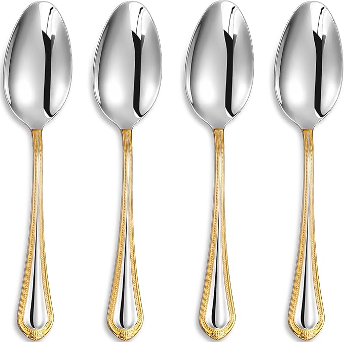 KEAWELL Pearl Edge 4-Piece Premium Spoon Set, 18/10 Stainless Steel, Fine Silverware Spoons with Refined Bead Design, Brightly Polished, Dishwasher Safe (Gold Accent, 9" Serving Spoons)