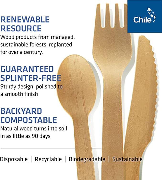 Disposable Wooden Cutlery Set - 100% Home Compostable - Wooden Utensils, Eco-Friendly, Organic, Sustainable and Carbon Neutral Certified - Fork, Knife, Spoon & Napkin - 150
