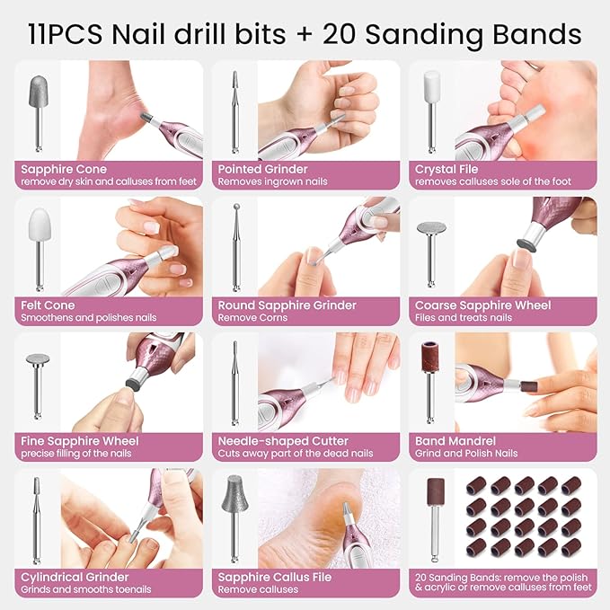 36-Piece Professional Manicure Pedicure Kit-Cordless Electric Nail File Kit,20000RPM, 11Pcs Bits,4 Speed,Rechargeable Pedicure Tool for Feet,Hand Foot Care Nail Drill Tool for Nail Grind Trim Polish-BrightBean Baby