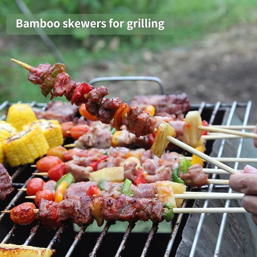 10" Barbecue Skewers, Bamboo Wooden Kabob Skewers for Appetizer, Fruit, Sausage, Chocolate Fountain, Kebob Skewer Stick, Organic Wood Food Sticks for BBQ Grilling, Kitchen (Φ=4mm Thick, 100PCS)