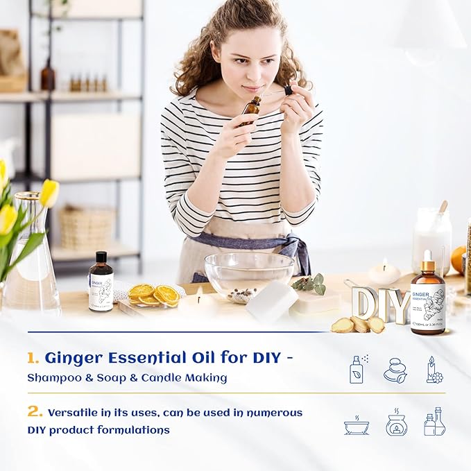 HIQILI Pure Ginger Essential Oil 3.38 Fl Oz, Pure Natural Premium Ginger Oil for Massage, Diffuser, Large Bottle with Dropper & Gift Box -100ml-BrightBean Baby