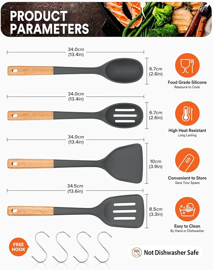 Silicone Cooking Utensils Set, Perfectly Angled for Frying, Mixing,Serving,Draining,Turning and Stirring, BPA-Free Matte Silicone, Wood Handles, Safe for Nonstick Cooking Surfaces,4 Pack (Grey)