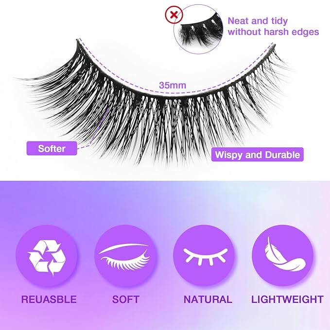 Wispy False Eyelashes Kit With Bond, Seal and Tweezer, 7 Pairs Natural Look Fake Cat Eye Lashes Strips Thin Band Extensions Waterproof Easy Eyelashes for Beginners RQ45-BrightBean Baby