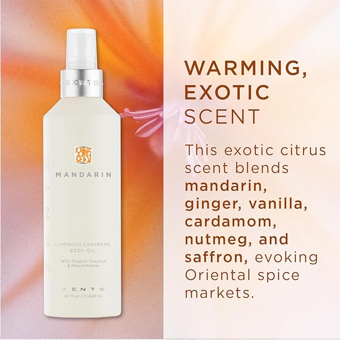 Zents Luminous Cashmere Body Oil (Mandarin Fragrance) | Moisturizing Body Oil with Vitamin E & Organic Coconut Oil | Softens & Smooths Skin | 8 fl oz-BrightBean Baby