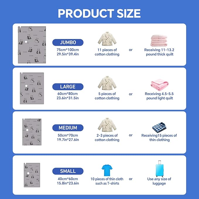 12 Pack Oxford Ripstop Vacuum Storage Bags with Pump, Reusable Space Saver Bags for Clothes, 4 Jumbo + 4 Large +4 Medium Vacuum Bags for Travel, Luggage, Blankets, Quilt