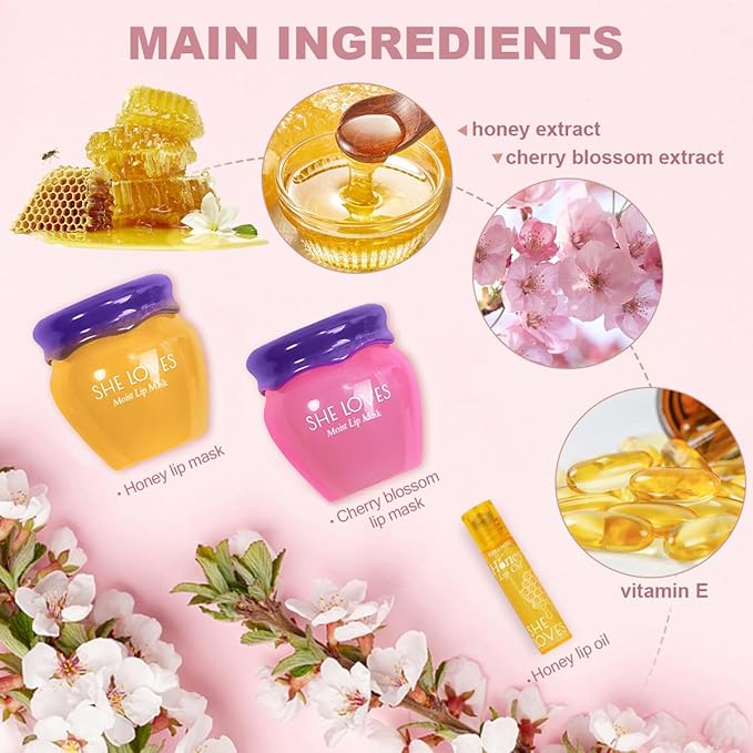 2PCS Lip Mask Overnight, Honey&Sakura Day and Night Repair Sleeping Lip Balm, Fade Lip Lines Bee Balm, Hydrating &Prevention Dry and Crack Lip Scrubs Exfoliator-BrightBean Baby