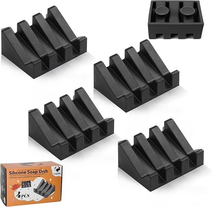 Self Draining Soap Dish,Silicone Suction Cup Soap Holder, Bathroom Soap Dish for Bar Soap,Can Extend Soap Life,Bathroom, Bath Tub, Kitchen Sink (4, Black)
