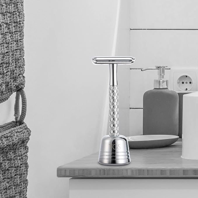 Double Edge Safety Razor for Men with Stand and Silicone Cover - Durable Metal Eco-Friendly Single Blade Safety Razor with 10 Blades- Closed Smooth Shave (Silver)-BrightBean Baby