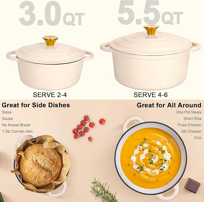 Romswi Enameled Cast Iron Dutch Oven Set - 3qt & 5.5qt Dual Combo White