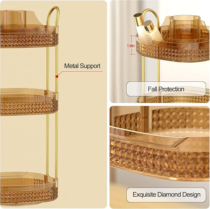 Rotating Makeup Organizer for Vanity 3 Tier, Perfume Organizer with Makeup Brush Holder, Large Capacity Cosmetics Clear Skincare Organizer for Countertop (Pink)-BrightBean Baby