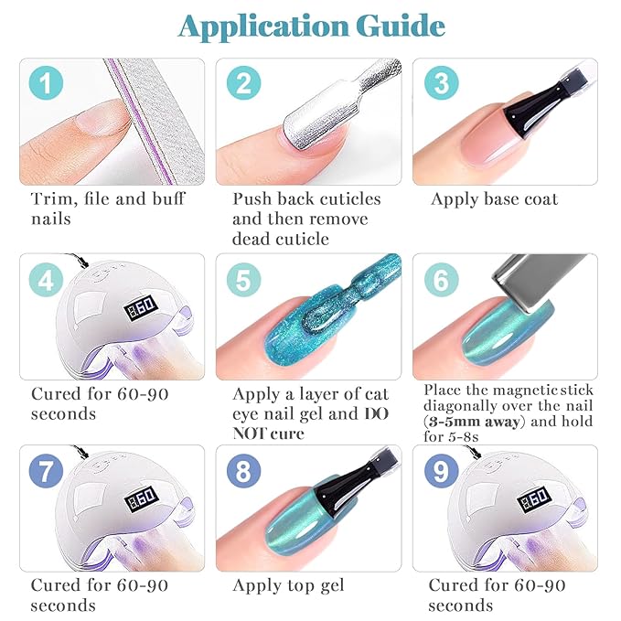 RARJSM Blue Cat Eye Gel Nail Polish Set 6pcs Reflective Diamond Glitter Clear Light Gray Sea Blue Green Tone Glass Cateye Gelpolish with Magnet Stick 7.5ml Curing Requires Soak Off for Home Salon-BrightBean Baby