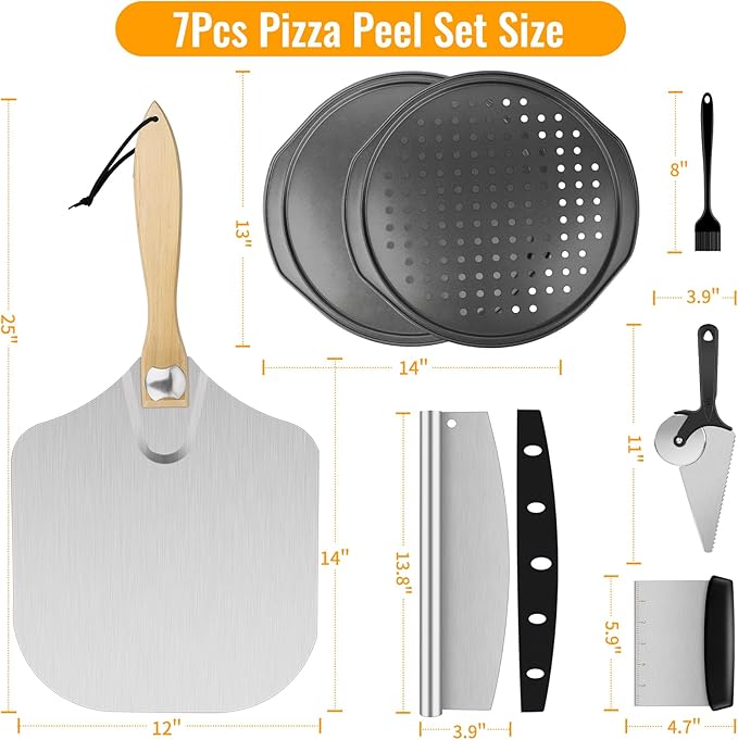 Pizza 7PCS Pizza Peel Pizza Pan Set, 12" x 14" Pizza Spatula, Aluminum Pizza Paddle with Rocker Cutter Scraper Pie Server Oil Brush, Pizza Oven Accessories, Baking Pizza, Dough, Bread & Pastry