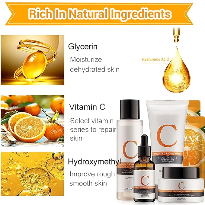 Vitamin C Skin Care Sets, 6Pcs Skin Care Products Set, Skin Care Gift Set for Women Girls, Hydrating Skincare Routine Set, Face Care Kit Includes Cleanser, Mask, Face Serum, Toner, Cream-BrightBean Baby