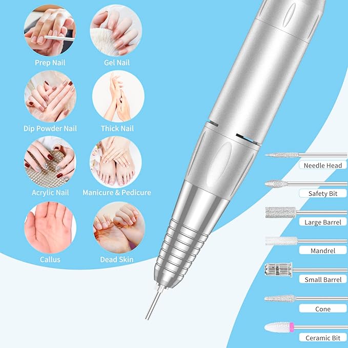 Portable Nail Drill Professional, 35000 RPM Rechargeable Electric Nail File Machine E File for Acrylic Nails Gel Polishing Removing, Cordless E-file with Bits Kit for Manicure Salon Home,Blue-BrightBean Baby