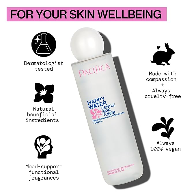 Pacifica Happy Water Hydrating Facial Toner Mist – Vegan Ceramides, Hyaluronic Acid & Electrolytes, Refreshing & Calming for Balanced Skin, Clean Beauty, Vegan, Cruelty-Free, All Skin Types, 4 oz-BrightBean Baby