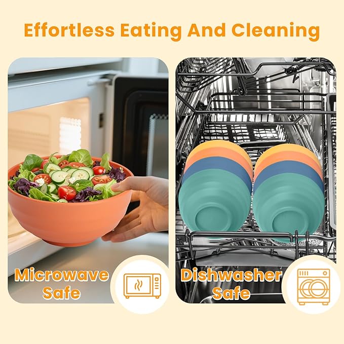 Homienly Wheat Straw Bowl Set, Large Salad Bowls Set of 8-60 OZ Large Capacity Big Bowls, Unbreakable Popcorn Bowl, Microwave and Dishwasher Safe Bowl for Kithchen, Camping, Party - Multi, Matte