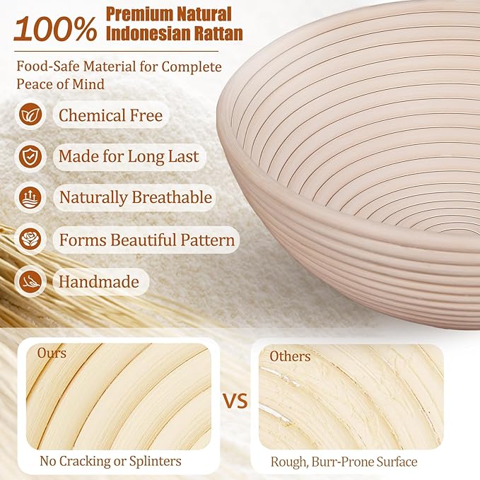 Panny Sourdough Starter Kit, Banneton Bread Proofing Basket with Glass Sour Dough Starter Jar, Sourdough Bread Baking Supplies, Making Tools, 9" Round & 10" Oval Baskets, Christmas Gift for Men Women