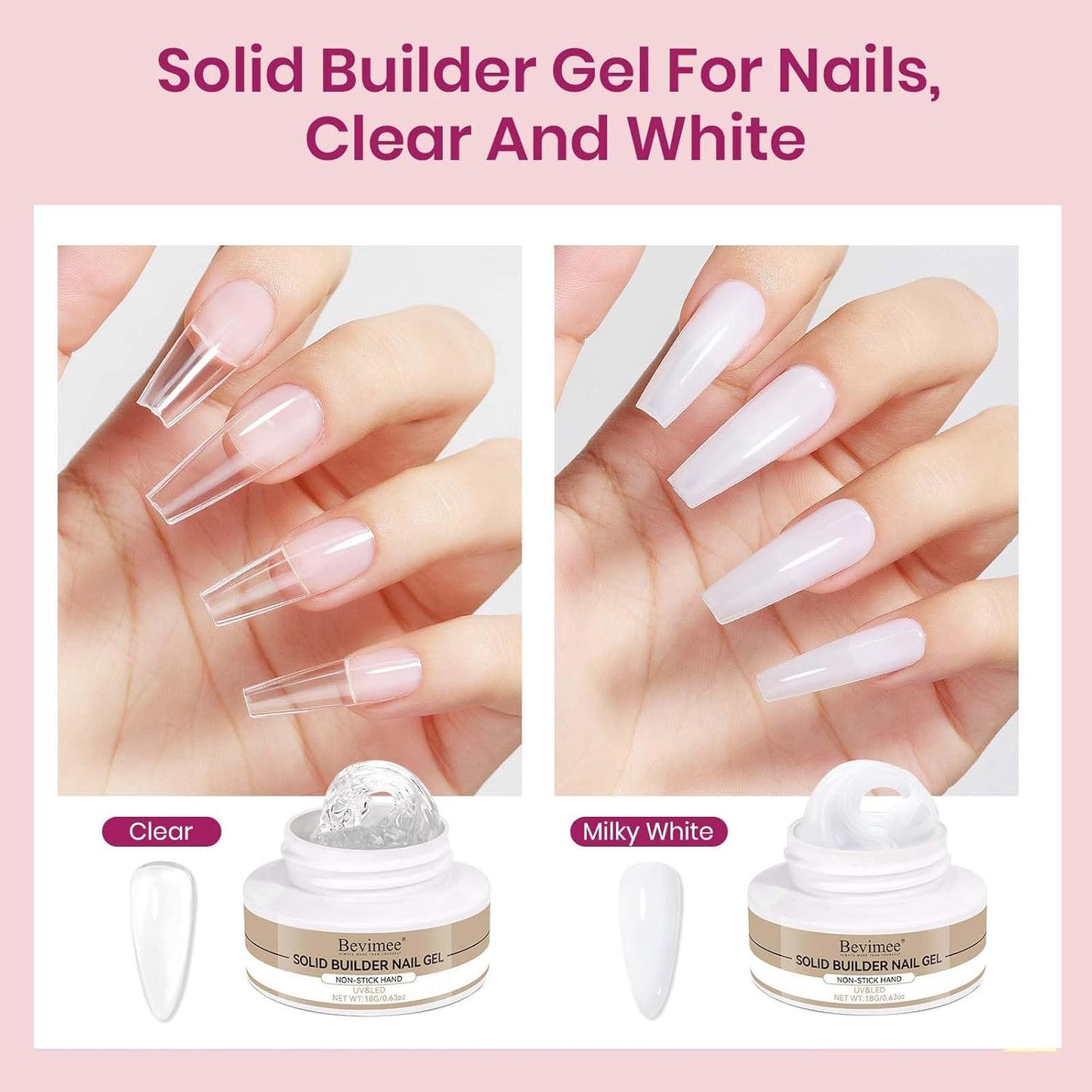 Solid Builder Gel for Nails 2PCS, Sculpting Gel 3D Nail Art Non-Stick Hand, Clear & White, Hard Gels For Nails Modeling, Sculpture, Nail Extension UV/Led Manicure DIY At Home 18g-BrightBean Baby