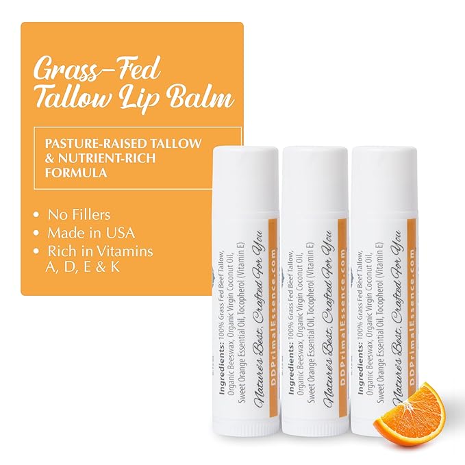 Moisturizing Tallow Lip Balm – Grass-Fed Beef Tallow with Organic Coconut Oil, Beeswax, and Vitamin E – Sweet Orange – Lip Balm Set – Travel Essential – 3-Pack-BrightBean Baby