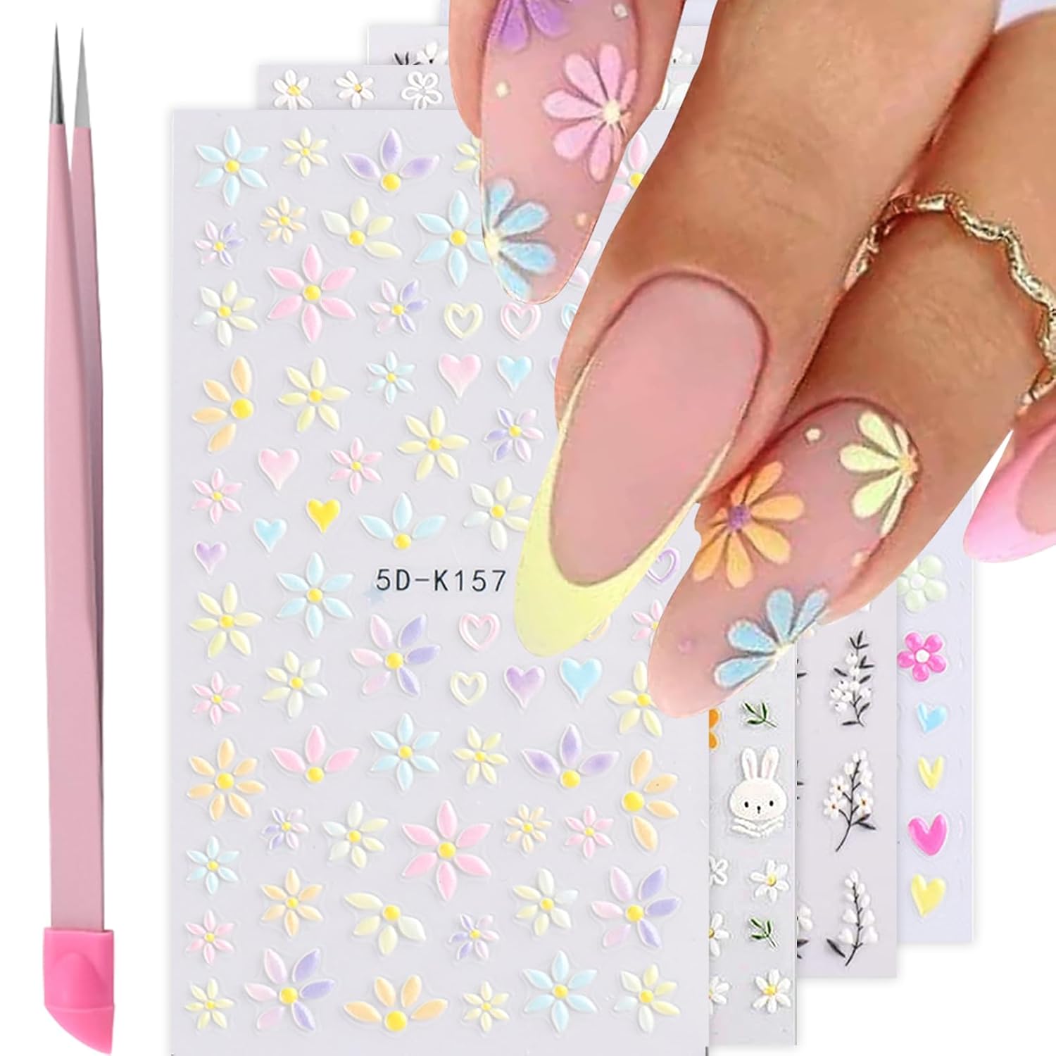 Flower Nail Art Stickers Decals 5D Embossed Nail Decals Spring Summer Daisy Nail Art Design Self-Adhesive Nail Supplies Accessories 3D Flower Nail Stickers for Women Nail DIY Decoration-BrightBean Baby