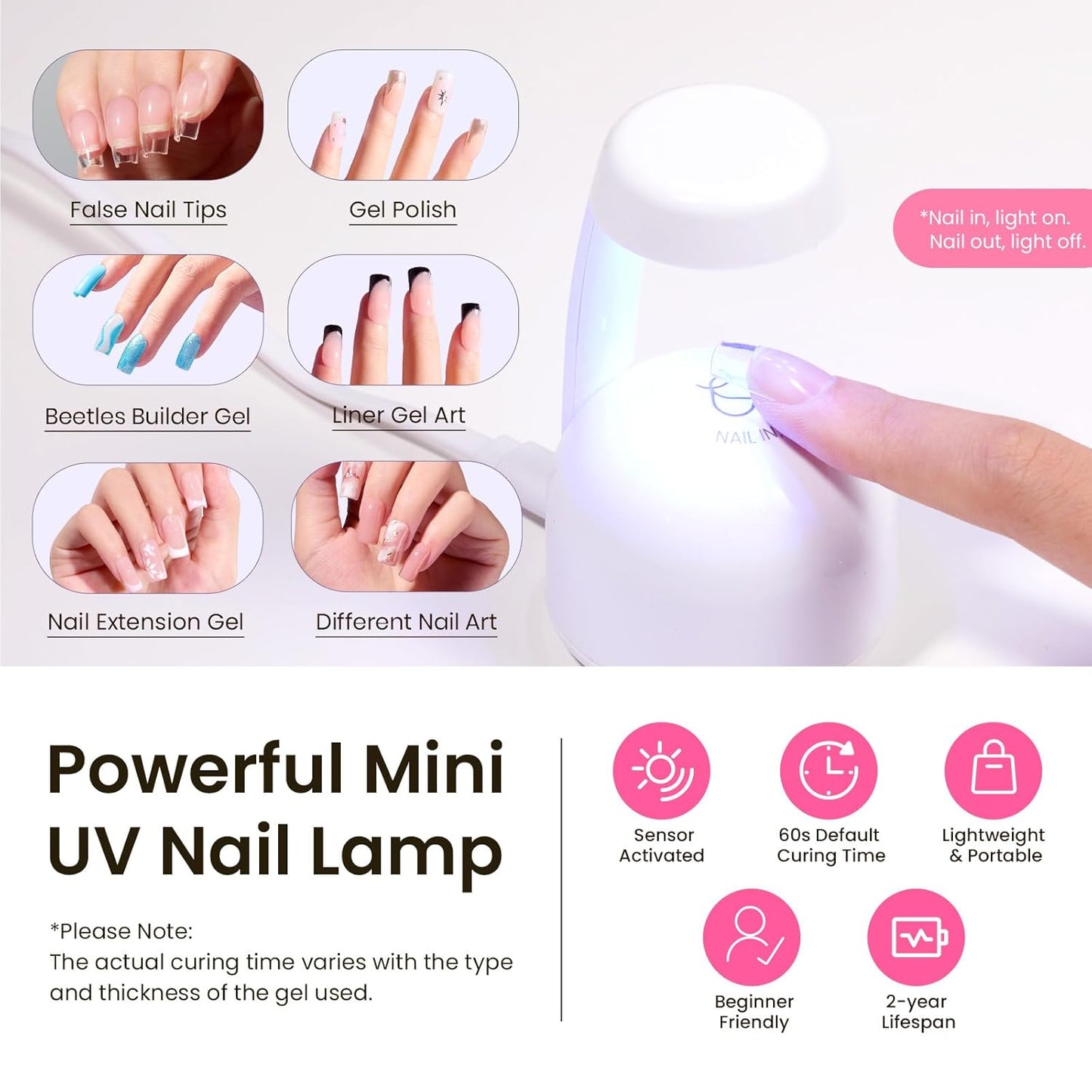 Beetles Tipex Gel Nail Kit Short Coffin Instant Apex Nail Tips, 224 Pcs 16 Sizes Pre-Building Pre-Etched False Nail Tips with Tipex Uv Nail Glue,Mini Nail Lamp-Thick Acrylic Nail Set-BrightBean Baby