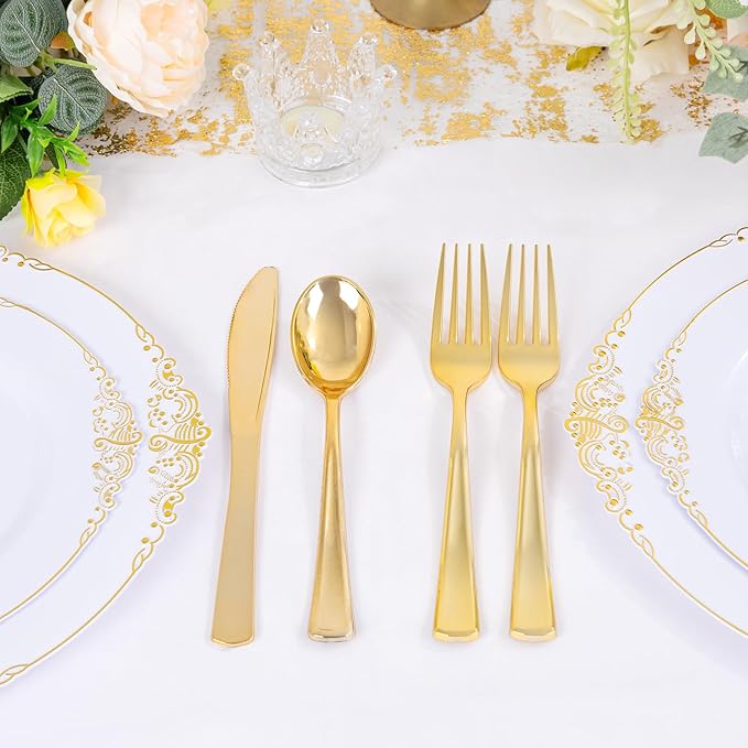 300 Pieces Gold Plastic Silverware - Heavy Duty Disposable Cutlery Set - Gold Disposable Utensils Include 150 Forks, 75 Spoons, 75 Knives for Dinner, Parties, Weddings