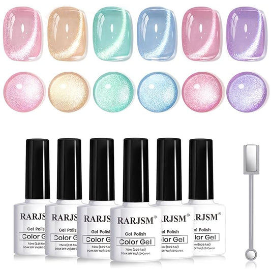 RARJSM Glass Jelly Cat Eye Gel Nail Polish Set 6pcs Reflective Sparkly Diamond Glitter Nude Pink Lake Blue Green Purple Clear Cateye Gelpolish with Magnet Stick 7.5ml Curing Requires for Home Salon-BrightBean Baby