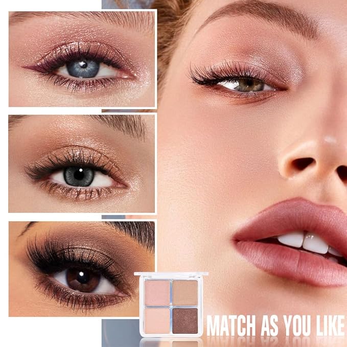 4 Colors Dark Brown Nude Pink Eye Shadow Powder Palette Makeup, Neutral Matte Shimmer Cream Quads Eyeshadow Palette for Women Highly Pigmented Waterproof, paleta de sombras de ojos, Vegan, 06-BrightBean Baby