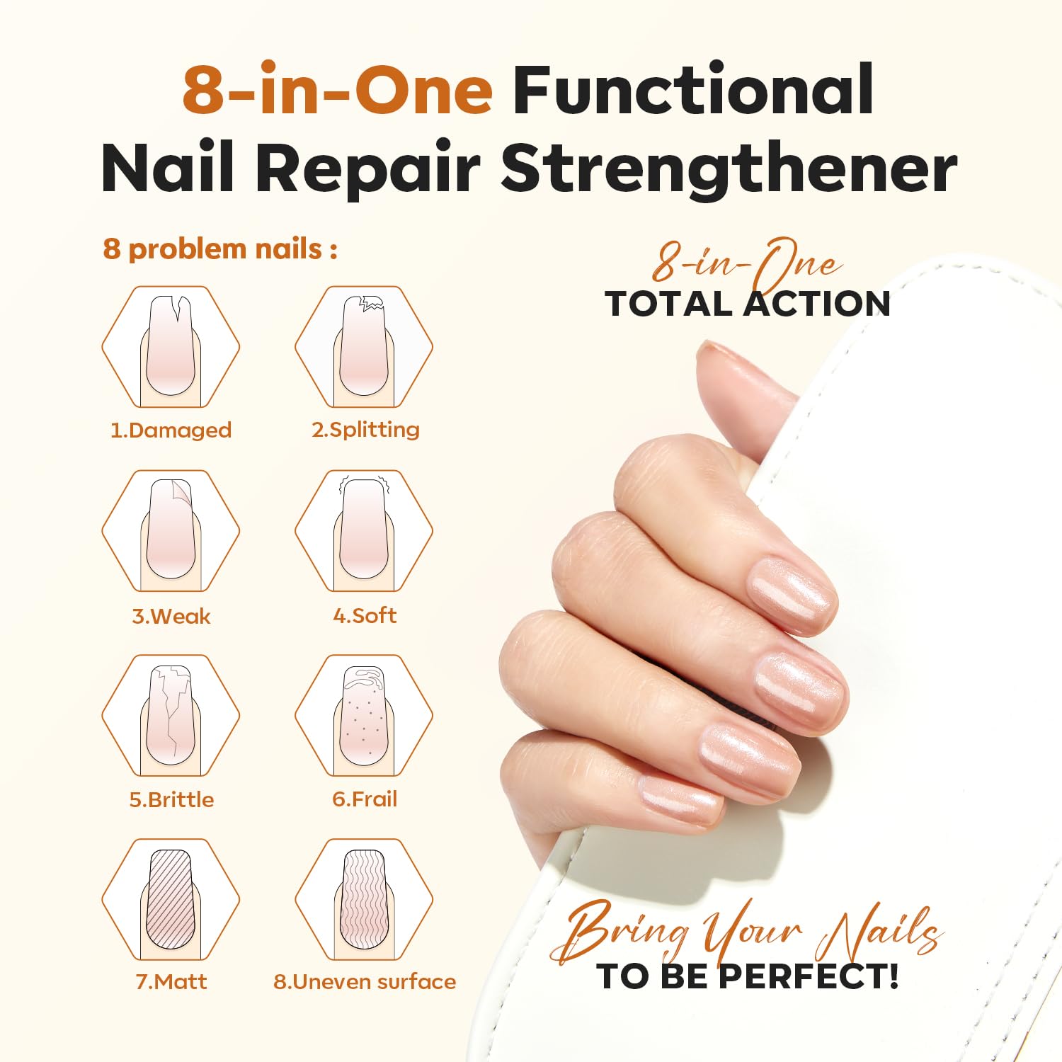 modelones Nail Strengthener, 8-in-One Nail Ridge Filler Base Coat Nail Polish Repair Nail Growth Treatment for Thin and Damaged Nails, Sparkling Champagne, 15ml-BrightBean Baby