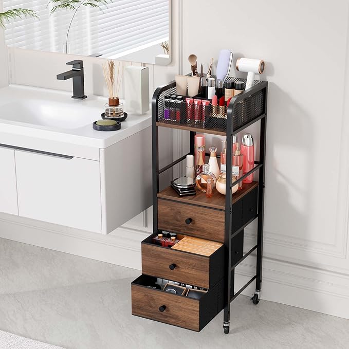 HapiRm Rolling Makeup Cart Organizer - Floor Skincare Make Up Storage with 3 Drawers, Vanity Organizer Cosmetic Display Cases Holder for Skin Care Perfume Nail Polish Brush Hair Tool-BrightBean Baby