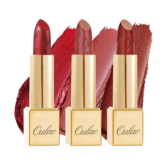 Oulac Metallic Red Lipstick Set 3PCS High Impact Lipcolor with Moisturizing Formula, Vegan Beauty, Full-Coverage Lip Color, Gift Lipstick for Women, 4.3g X 3PCS, 12+GM05+GM13-BrightBean Baby