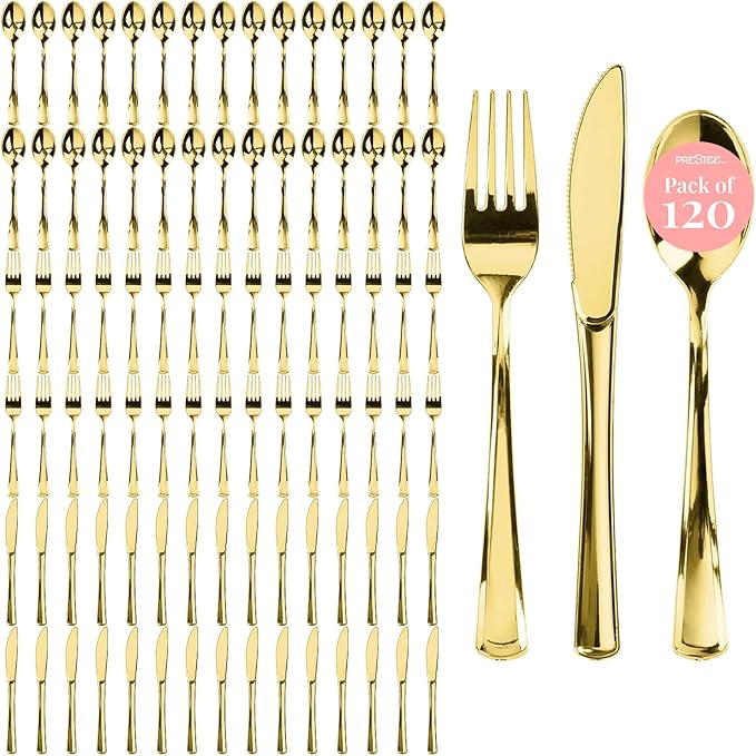 Prestee 120 Gold Plastic Cutlery Set - 40 Forks, 40 Spoons, 40 Knives - Heavy Duty Disposable Flatware