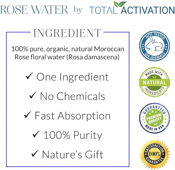 Large 4 oz 100% Pure, Organic Moroccan Rose Water Spray Face Toner, Skin Body Hair Spray, Eye Makeup Remover Alcohol Free Toner Minimizes Scar Hydrating Soothing Mist for Dry Oily Combination Skin-BrightBean Baby