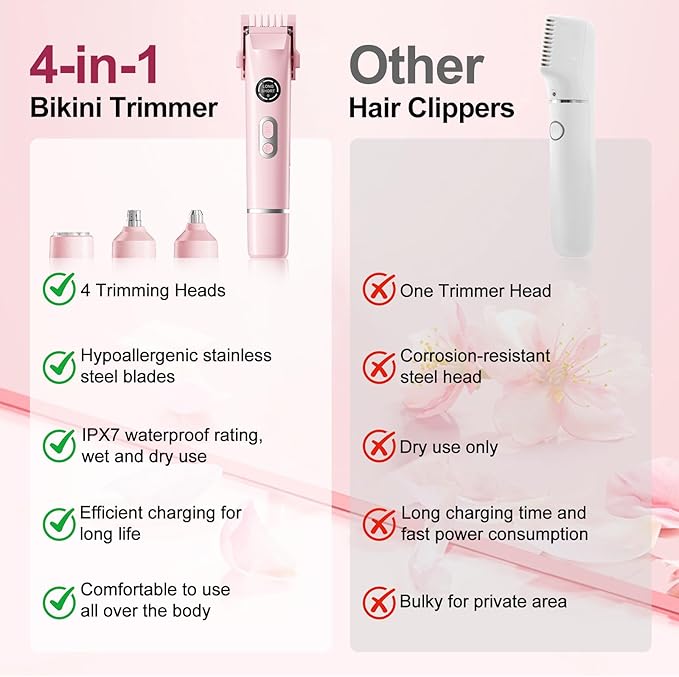 Bikini Trimmer for Women, 4 in 1 Wet/Dry Electric Razors for Women - Dual Head, Painless Rechargeable Portable Womens Razors for Shaving Set for Face, Nose, Eyebrows, Armpits, Bikini Area (Pink)-BrightBean Baby