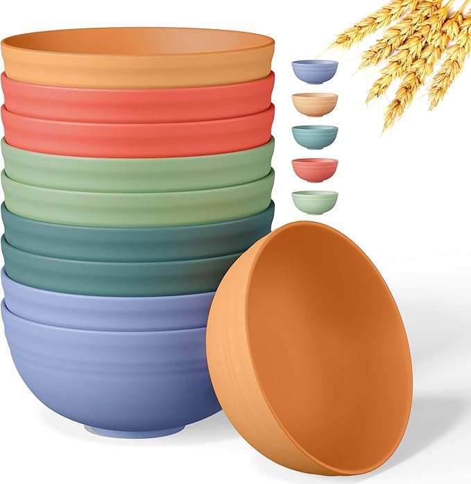 Quatish 10 PCS Unbreakable Cereal Bowls,Dishwasher & Microwave Safe Wheat Straw Bowls, Easy-to-Clean Lightweight Snack & Soup Bowl,Multi-Color Portable for Picnics Plastic Bowls Set, Multi