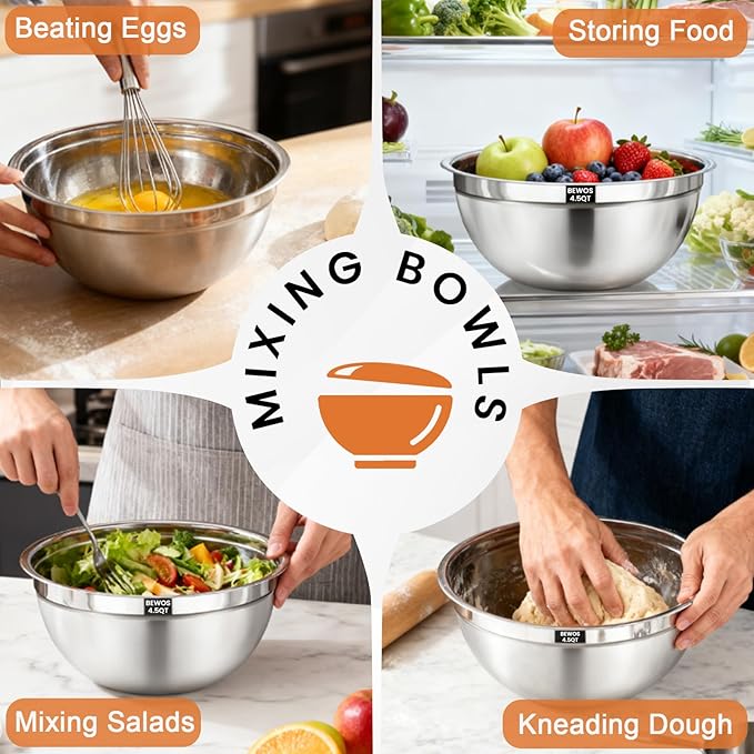 BEWOS 21 Pcs Mixing Bowls with Airtight Lids - 7 Stainless Steel Bowls, 3 Graters, 11 Practical Kitchen Accessories, Dishwasher Safe, Ideal for Baking, Meal Prep & On-the-Go, Easy to Store