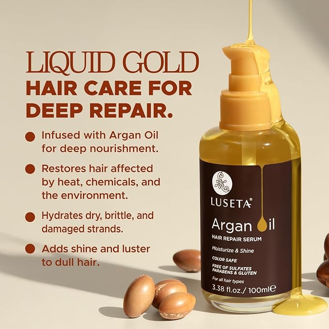 L LUSETA Argan Oil Hair Serum, 100% Pure Argan Oil for Frizzy Control Dry Damage , Repair, Shine Smoothing Strengthening & Nourishing, 3.38 Fluid Ounces-BrightBean Baby