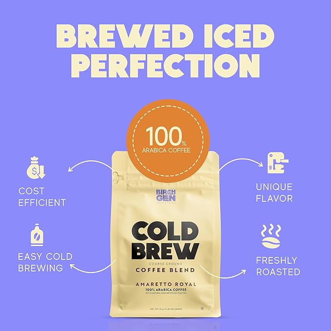 1 lb Medium Roast Cold Brew Coffee, Coarse Ground Coffee, by Birch Glen Roasters, 16 oz Resealable Bag, 100% Arabica