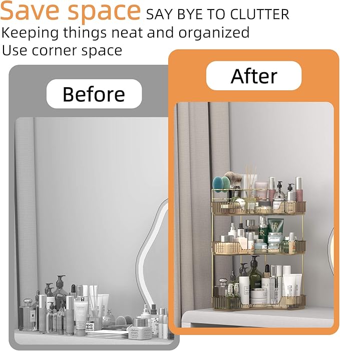 Corner Bathroom Counter Organizer with Top Toothbrush Holders, 3-Tier Make Up Organizers for Vanity with Brush Holder, Corner Storage for Bathroom, Kitchen, Dresser-BrightBean Baby