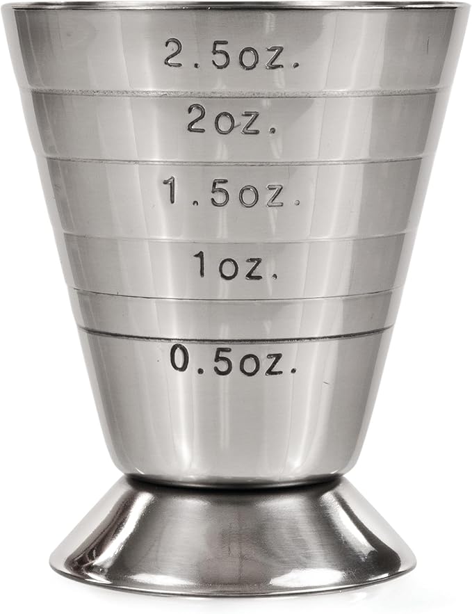 True Trio Multi-Unit Drink Measure, Shot Measuring Cup with Oz, Ml, and Tbsp Markings, Stainless Steel 2.5oz Set of 1