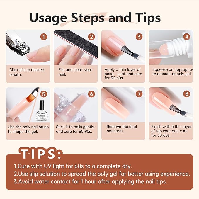 JEWHITENY Poly Extension Gel Nail Set Clear White Pink Poly Nail Gel With Slip Solution Base Coat Top Coat French Manicure for Finger Art and Home DIY Need U V Lamp Curing-BrightBean Baby