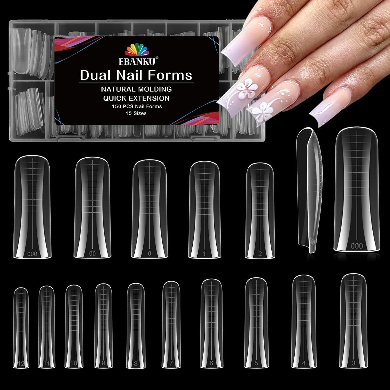 EBANKU Dual Nail Forms for Poly Extension Gel, 150 PCS Duck Nail Molds Reusable 15 Sizes Nail Extension Forms for Builder Gel Manicure Design Salon DIY-BrightBean Baby