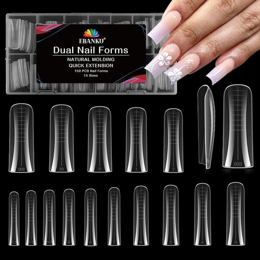EBANKU Dual Nail Forms for Poly Extension Gel, 150 PCS Duck Nail Molds Reusable 15 Sizes Nail Extension Forms for Builder Gel Manicure Design Salon DIY-BrightBean Baby